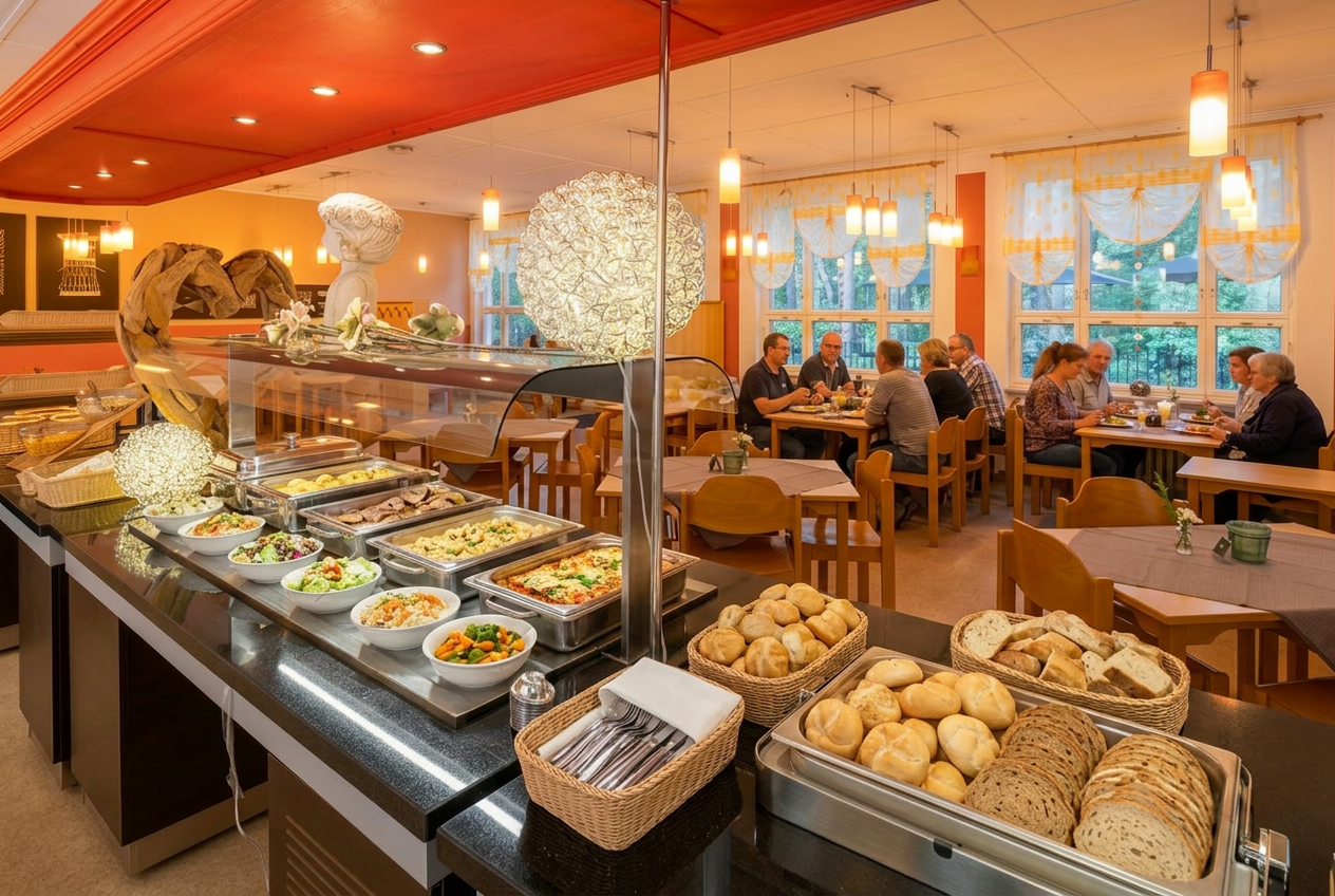 Im Speisesaal des IDA Arendsee ist ein Abendbuffet aufgebaut, im Hintergrund sitzen Personen am Tisch und essen.