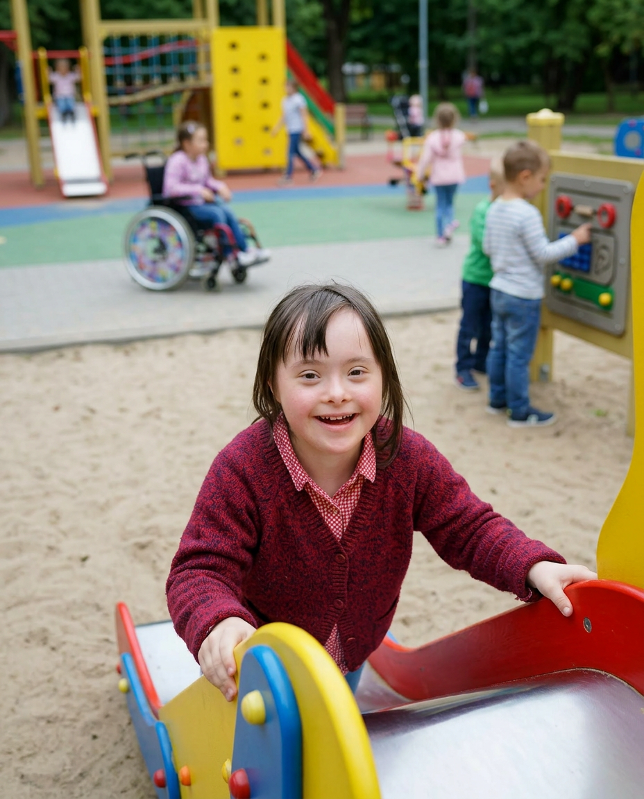 Ein Kind mit Handicap klettert eine Rutsche auf einem Spielplatz hoch, im Hintergrund weitere Kinder auf einem Spielplatz, teils mit handicap