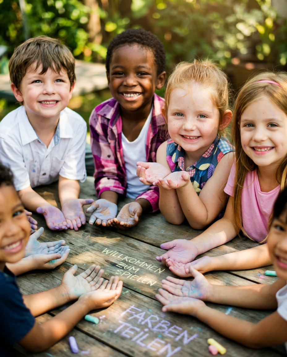 kleine Kinder sitzen um einen Tisch und spielen mit Kreide